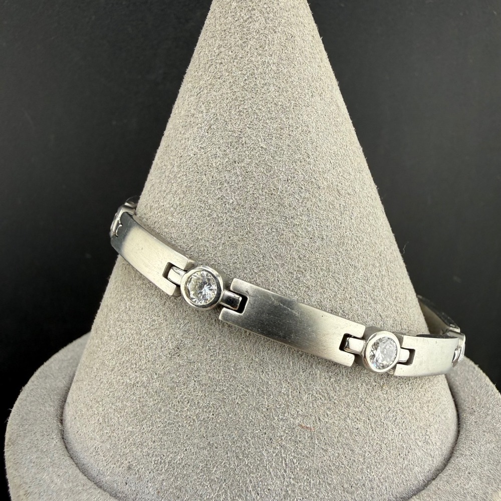 Vintage Speidel Link Bracelet Silver Tone Cubic Zirconia Brushed Bar 7.5"